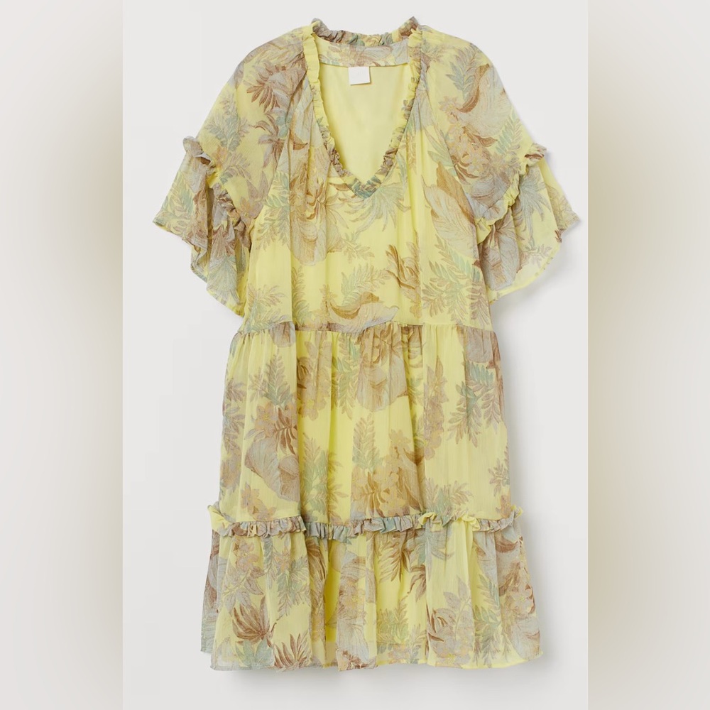 H&M Yellow Floral Tiered Ruffle Chiffon Mini Dress Size 2